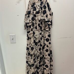 LC Lauren Conrad Cream Maxi Dress with Navy & Gold Floral Print